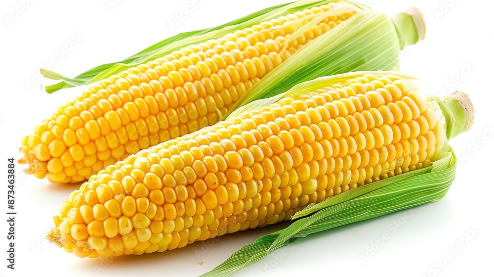 Two fresh yellow corn cobs with husk leaves isolated on a white background Two fresh yellow corn cobs with husk leaves isolated on a white background