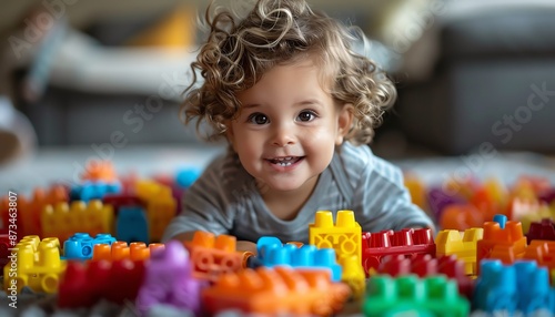 Smiling toddler enjoying playtime with bright interlocking plastic blocks