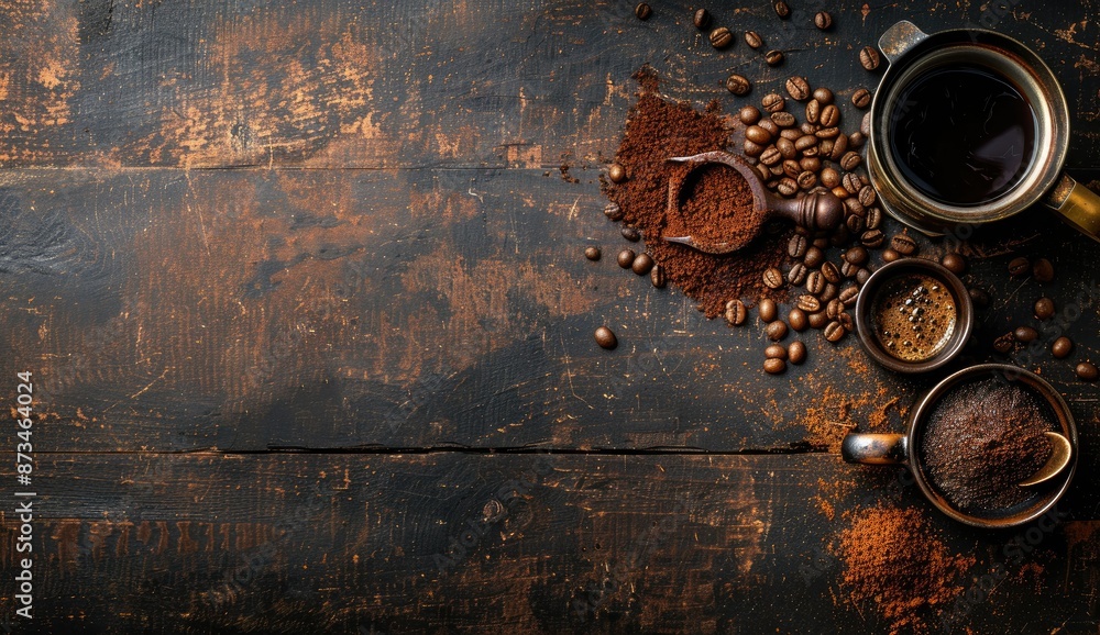 Coffee Beans and Ground Coffee on Rustic Wood Coffee Beans and Ground Coffee on Rustic Wood
