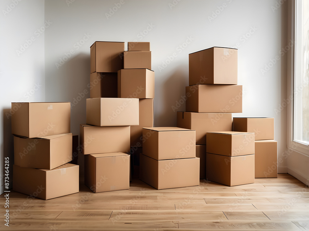 Stack of cardboard boxes in the empty room. Move-in Day concept. Stack of cardboard boxes in the empty room. Move-in Day concept.