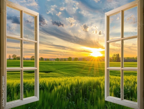 A beautiful, sunlit field with a large window in the middle. The window is open, allowing the warm sunlight to pour in and illuminate the room. Concept of peace and tranquility