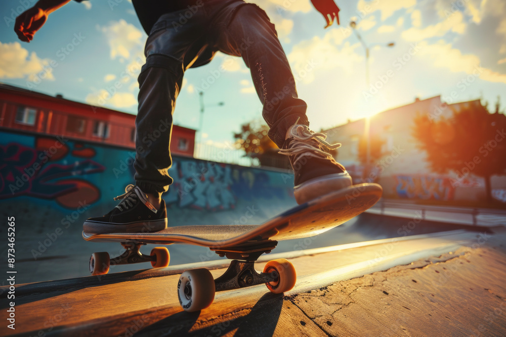 Skateboarder doing Kickflip on ramp in skate park close up with space for text or inscriptions
Skateboarder doing Kickflip on ramp in skate park close up with space for text or inscriptions