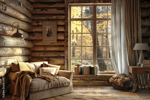 Home mockup, cozy log cabin interior background