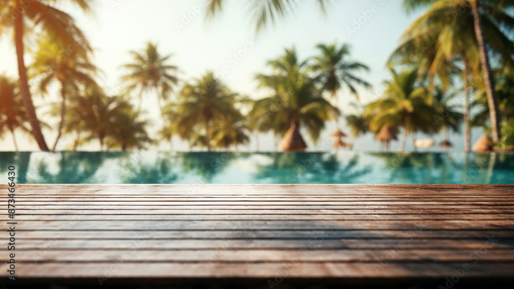 Wooden tabletop with empty space and blurred tropical resort pool background at sunset, ideal for product placement Wooden tabletop with empty space and blurred tropical resort pool background at sunset, ideal for product placement