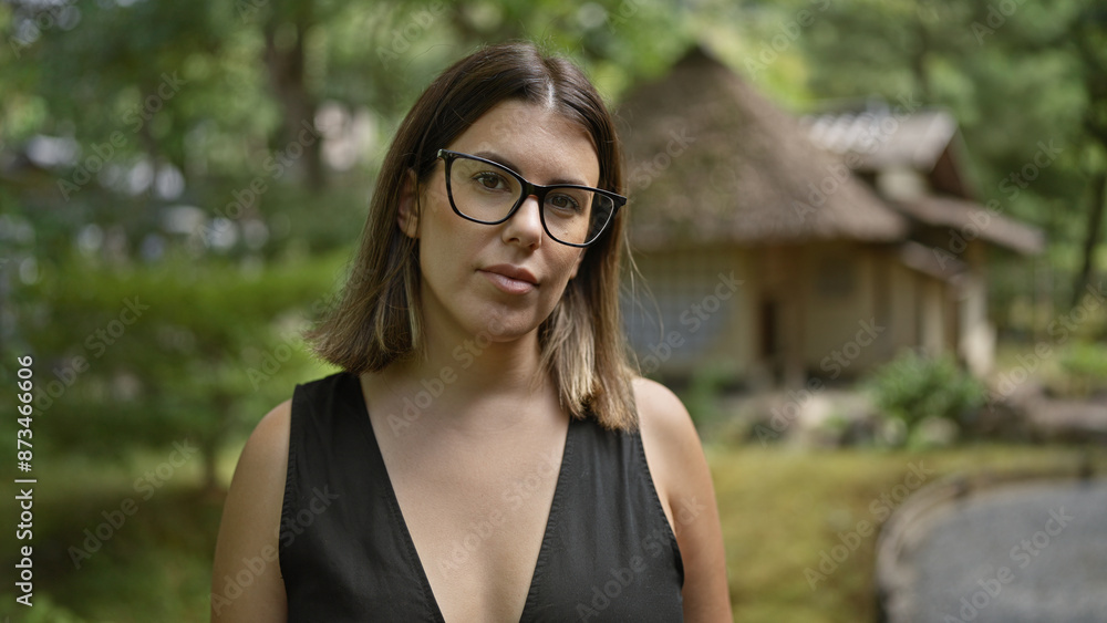 Stunning hispanic woman in glasses strikes a poised stance at kyoto's kodaiji temple, her serious expression telling stories Stunning hispanic woman in glasses strikes a poised stance at kyoto's kodaiji temple, her serious expression telling stories