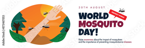 World Mosquito day. 20th August Mosquito day awareness cover banner with mosquitoes biting on hand and arm, speech bubble of protect world, sunset view on plain white background. Awareness banner idea