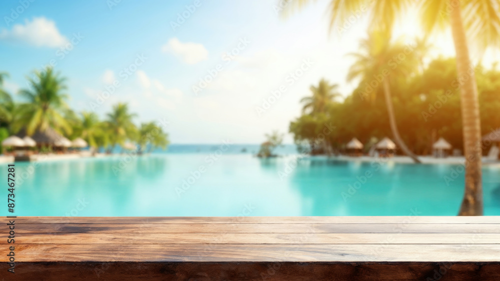 Empty wooden tabletop providing space for product placement against a backdrop of a serene tropical resort pool