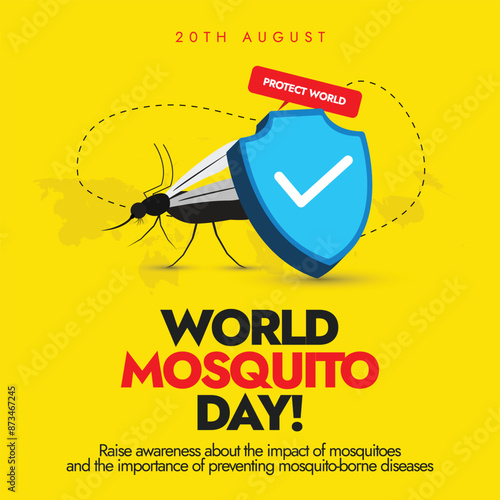 World Mosquito Day. 20th August Mosquito day banner with protection shield, dotted path lines, silhouette world map. Mosquitoes kill more people than any other animal on the planet. Dengue, malaria.