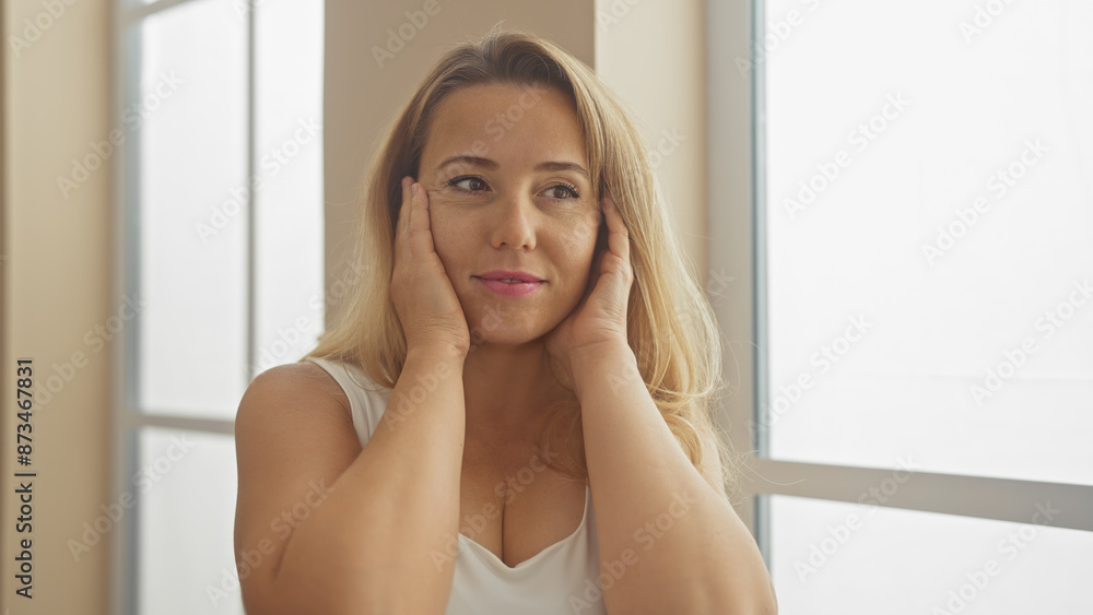 A contemplative young woman enjoys a serene moment in her bright, cozy living room. A contemplative young woman enjoys a serene moment in her bright, cozy living room.