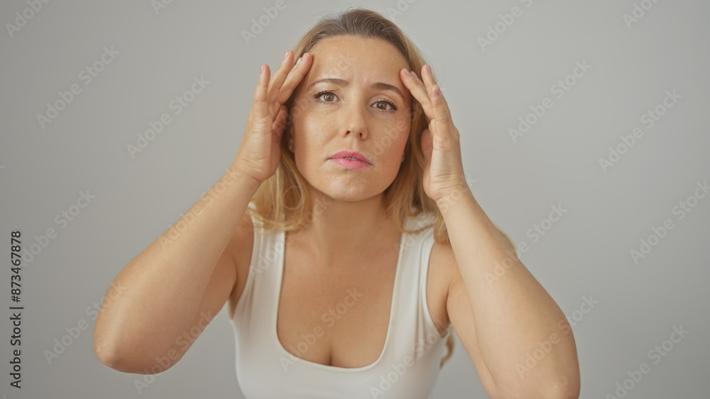 Portrait of a stressed young adult caucasian woman with blonde hair against a white isolated background Portrait of a stressed young adult caucasian woman with blonde hair against a white isolated background
