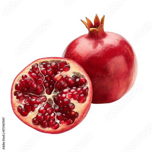 Whole and halved pomegranate isolated transparent background. Clipart for food packaging, recipe book and healthy eating promotion.