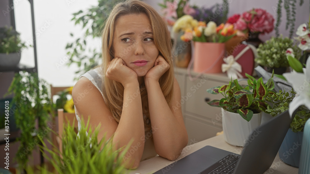 Pensive blonde woman sitting indoors among flowers and plants in a vibrant florist shop. Pensive blonde woman sitting indoors among flowers and plants in a vibrant florist shop.