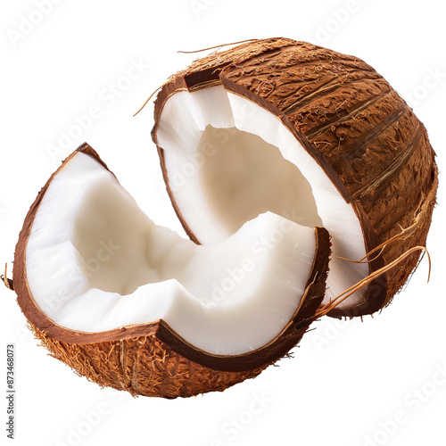Whole and half-cut coconut isolated transparent background. Clipart for food packaging, recipe book and healthy eating promotion.