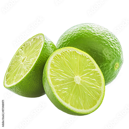 Green lime and halves isolated transparent background. Clipart for food packaging, recipe book and healthy eating promotion.