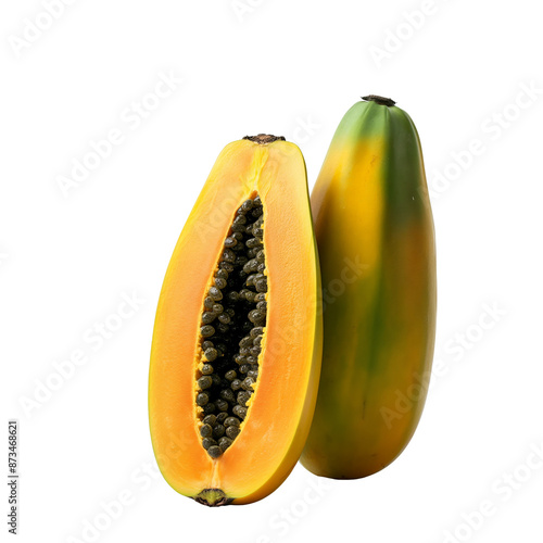 Whole and half-cut papaya isolated transparent background. Clipart for food packaging, recipe book and healthy eating promotion.