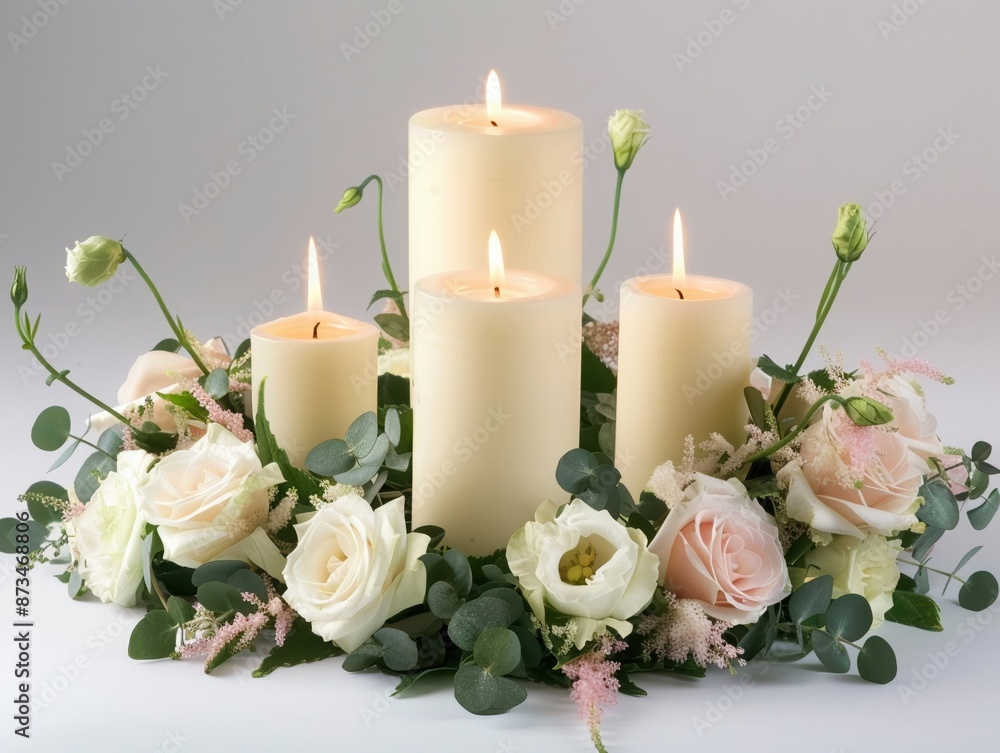 Decorative wedding centerpiece with candles and flowers, isolated on a white background, highlighting the arrangement Decorative wedding centerpiece with candles and flowers, isolated on a white background, highlighting the arrangement