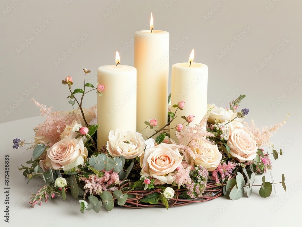 Decorative wedding centerpiece with candles and flowers, isolated on a white background, highlighting the arrangement Decorative wedding centerpiece with candles and flowers, isolated on a white background, highlighting the arrangement