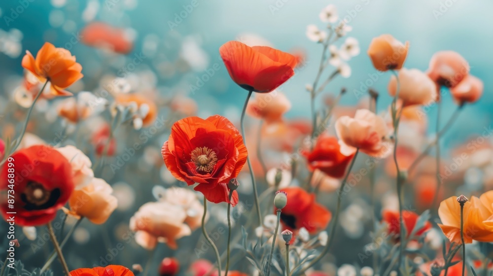 A field of red and orange flowers with a blue sky in the background. The flowers are in full bloom and the colors are vibrant A field of red and orange flowers with a blue sky in the background. The flowers are in full bloom and the colors are vibrant