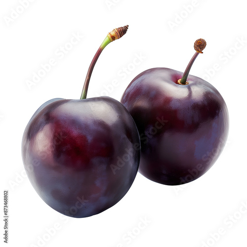 Purple plums isolated transparent background. Clipart for food packaging, recipe book and healthy eating promotion.