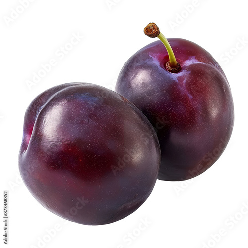 Purple plums isolated transparent background. Clipart for food packaging, recipe book and healthy eating promotion.