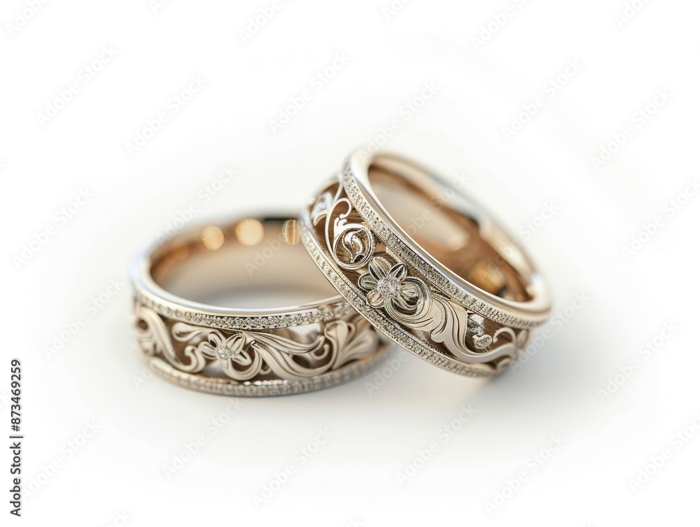 Pair of wedding rings with intricate engravings, positioned elegantly, isolated on a white background Pair of wedding rings with intricate engravings, positioned elegantly, isolated on a white background