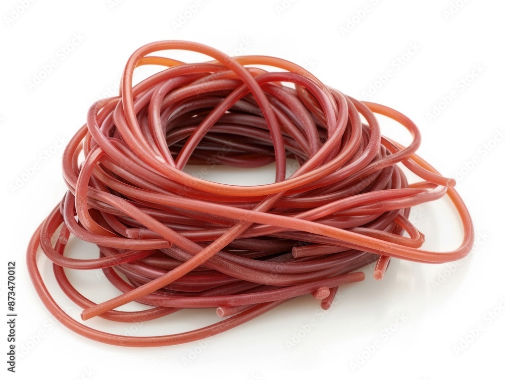 A bunch of red rubber bands are piled on top of each other. Concept of chaos and disorder, as the bands are scattered and tangled in various directions A bunch of red rubber bands are piled on top of each other. Concept of chaos and disorder, as the bands are scattered and tangled in various directions