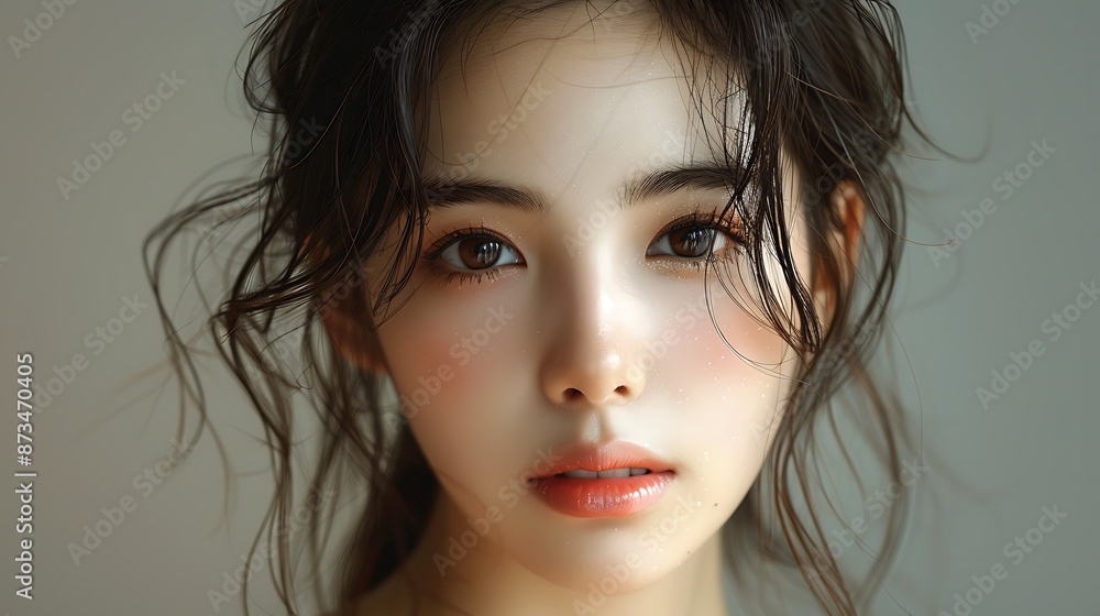 Close-up portrait of young Asian beautiful woman with K-beauty make up style and healthy and perfect skin isolated on beige background for skincare commercial product advertising. Close-up portrait of young Asian beautiful woman with K-beauty make up style and healthy and perfect skin isolated on beige background for skincare commercial product advertising.