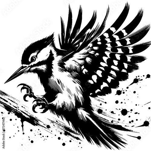 woodpecker in illustration in brush stroke painting,