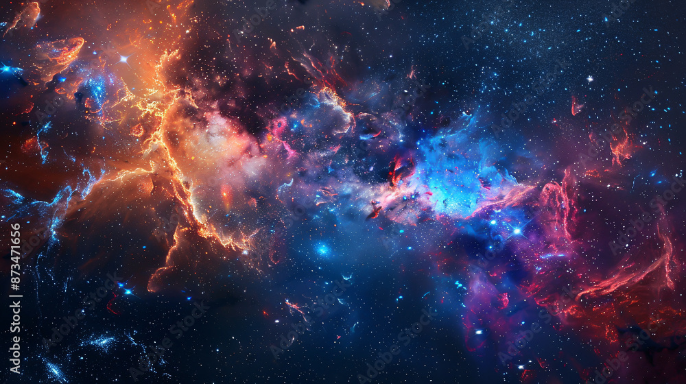 An awe-inspiring view of the universe with stars, featuring vibrant and deep blue colors, creating a mesmerizing backdrop. An awe-inspiring view of the universe with stars, featuring vibrant and deep blue colors, creating a mesmerizing backdrop.