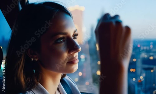 Woman Looking Out Car Window at City Skyline photo