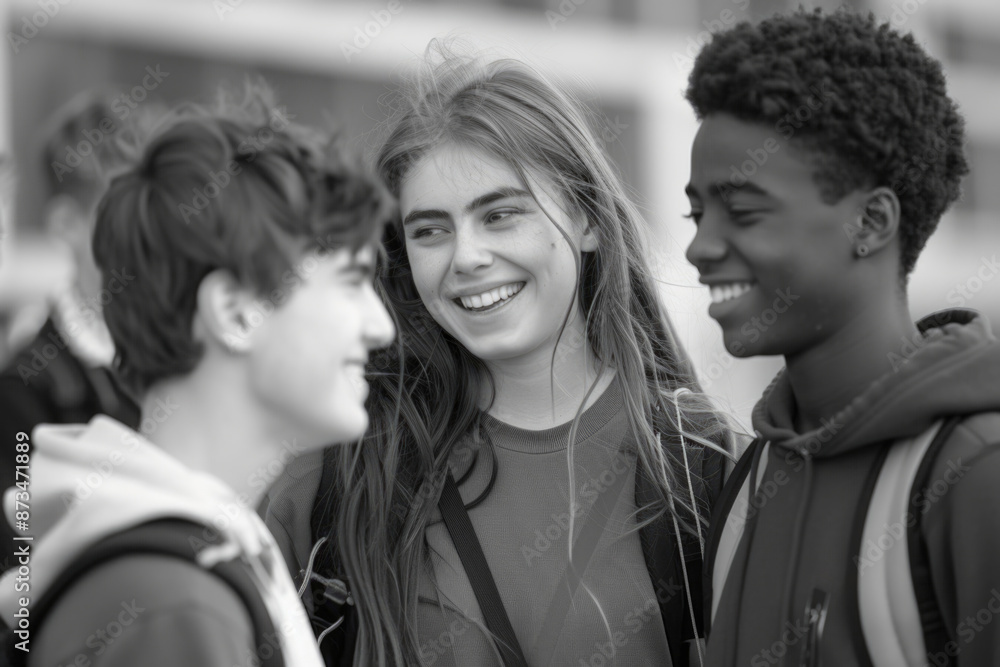 Three young people are smiling and laughing together. One of them is wearing a backpack. Scene is happy and friendly Three young people are smiling and laughing together. One of them is wearing a backpack. Scene is happy and friendly