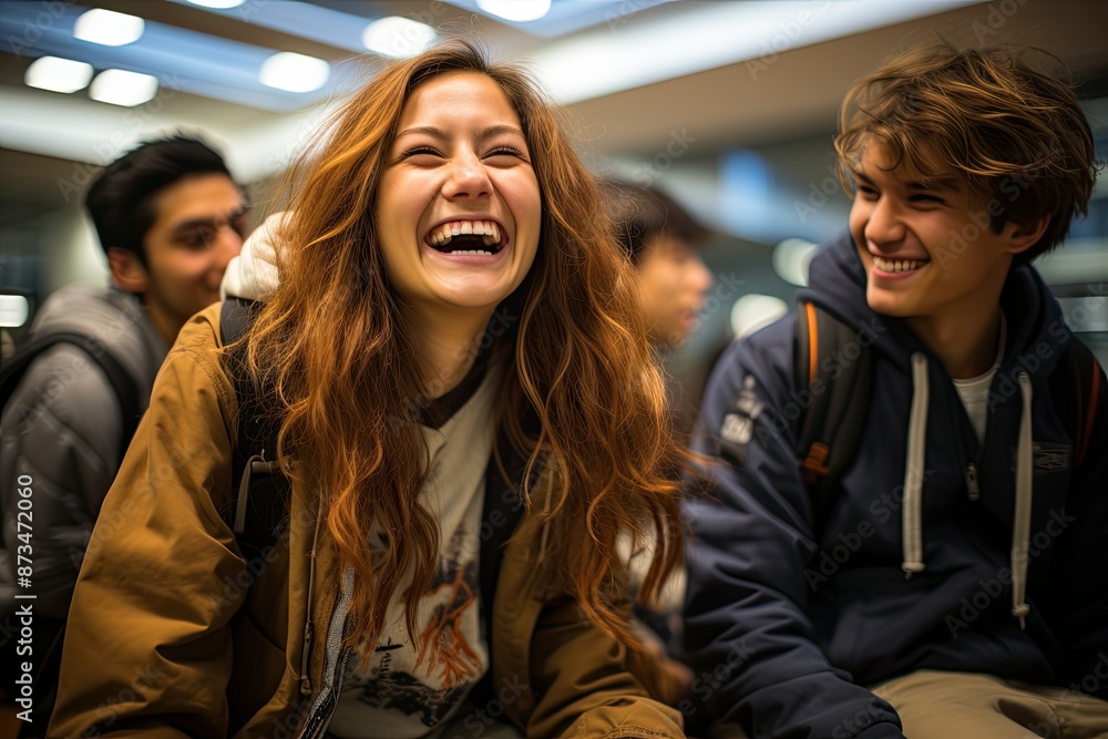 Fototapeta premium High School Students. A candid snapshot capturing the camaraderie and laughter shared among high school students, illustrating the beauty of genuine friendships.