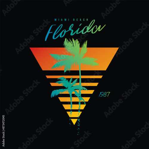 Original vector illustration in vintage style. Retro sunset collection in triangular shape. T-shirt design, design element.