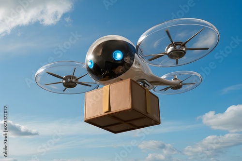 Futuristic Drone like Device transparent spherical head, glowing blue eyes, flying gracefully photo