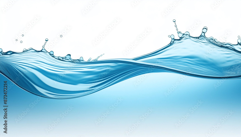 A graceful wave of crystal-clear water splashes against a white backdrop A graceful wave of crystal-clear water splashes against a white backdrop
