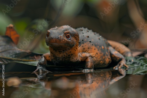 Full body view of Mudpuppy on leave in natural habitat, full body shot, full body View photo