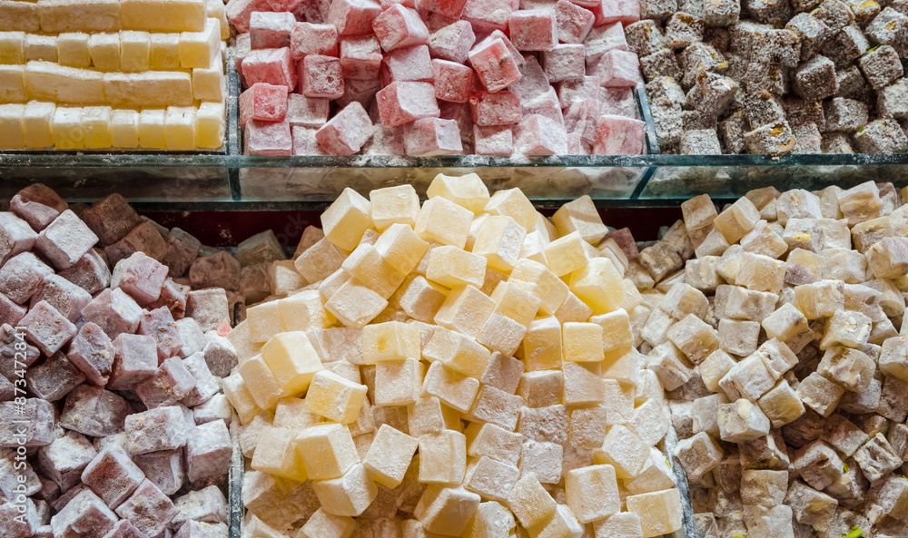 Traditional turkish delights sweets rahat lokum at bazaar in Istanbul, Turkey.