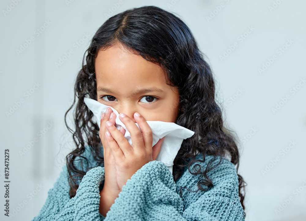 Girl child, portrait and sick in home with tissue for healthcare, risk of flu infection or FLiRT Covid. Female kid, house or virus with paper for bacteria or care, allergy or cold in apartment Girl child, portrait and sick in home with tissue for healthcare, risk of flu infection or FLiRT Covid. Female kid, house or virus with paper for bacteria or care, allergy or cold in apartment