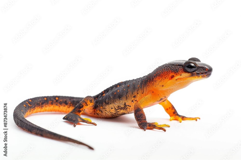 Obraz premium the beside view Alpine Newt, left side view, white copy space on right, isolated on white background
