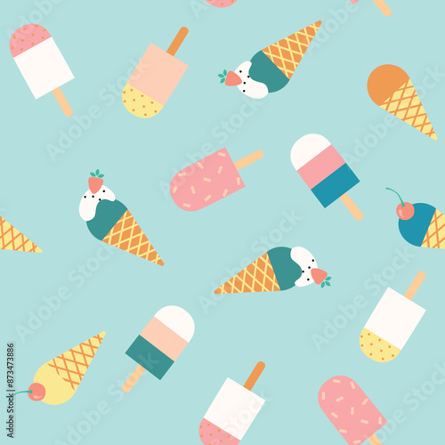 Seamless pattern with ice cream on blue background.