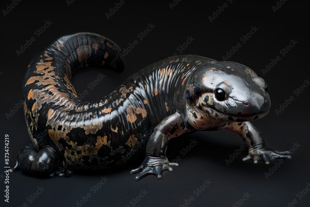 the beside view Chinese Giant Salamander, left side view, white copy space on right, isolated on black background the beside view Chinese Giant Salamander, left side view, white copy space on right, isolated on black background