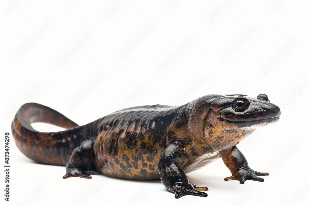 the beside view Chinese Giant Salamander, left side view, white copy space on right, isolated on white background the beside view Chinese Giant Salamander, left side view, white copy space on right, isolated on white background