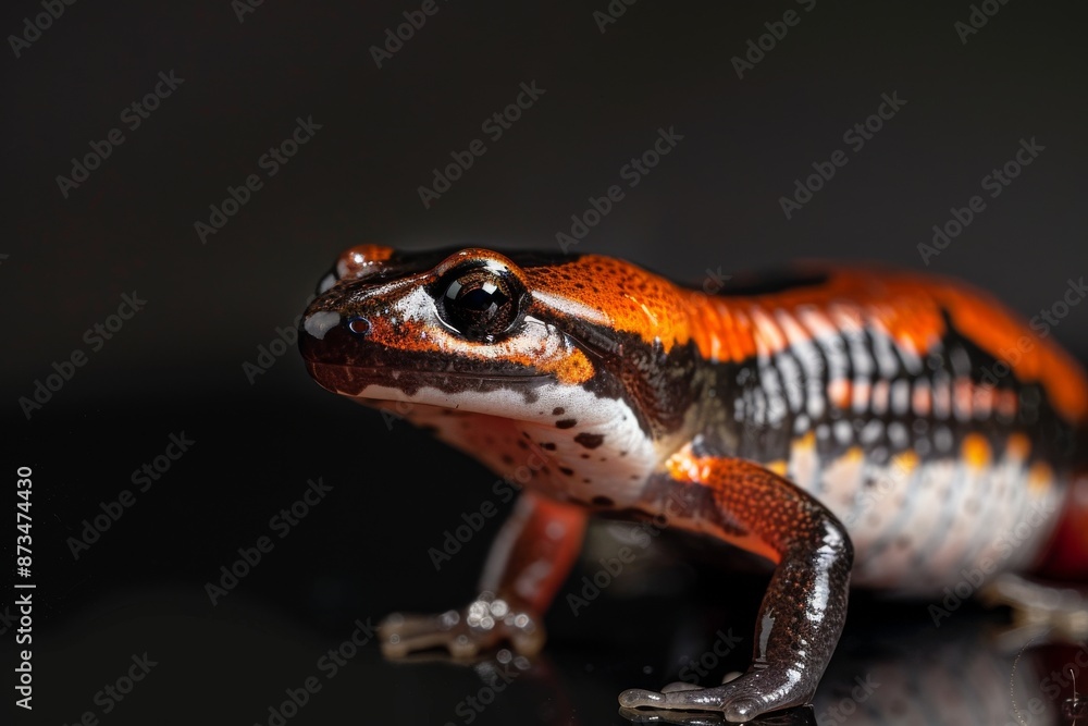 Obraz premium the beside view Eastern Red-backed Salamander, left side view, white copy space on right, isolated on black background