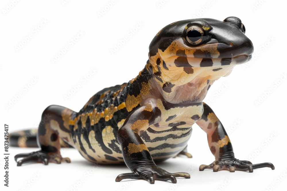 Obraz premium the beside view Tiger Salamander, left side view, white copy space on right, dutch angle view, isolated on white background