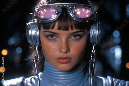 portrait of a girl wearing headphones and digital computer glasses, dressed in a blue leather suit, retro style