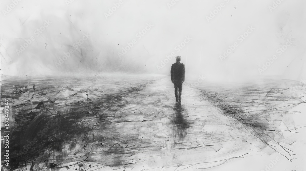 Fototapeta premium Black and white landscape with a solitary figure walking on a foggy path