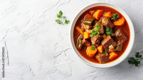 Fototapeta Naklejka Na Ścianę i Meble -  Vegetable filled beef stew in white bowl on light surface top view with space for text