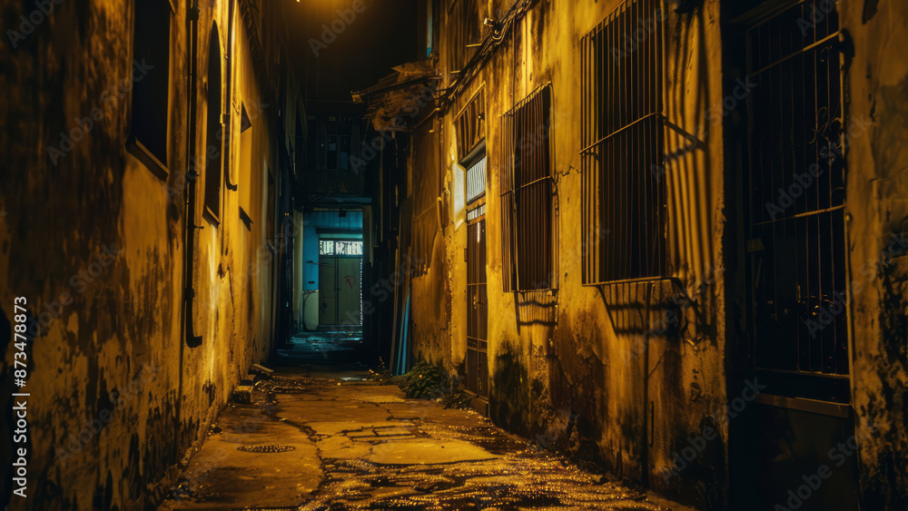 Obraz premium Narrow alleyway with dim lighting and old buildings at night