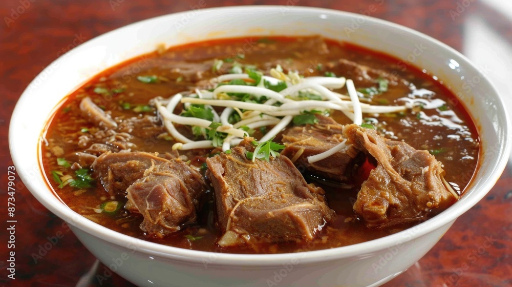 A bowl of beef soup with green beans and herbs. The soup is red and brown in color A bowl of beef soup with green beans and herbs. The soup is red and brown in color