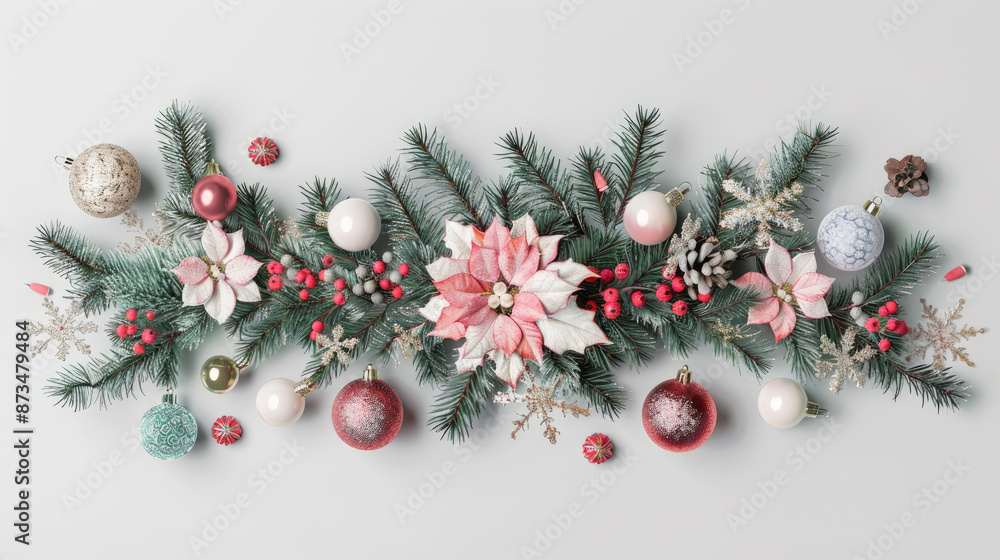 Festive Christmas Garland with Poinsettias, Ornaments, and Pine Cones on White Background Festive Christmas Garland with Poinsettias, Ornaments, and Pine Cones on White Background